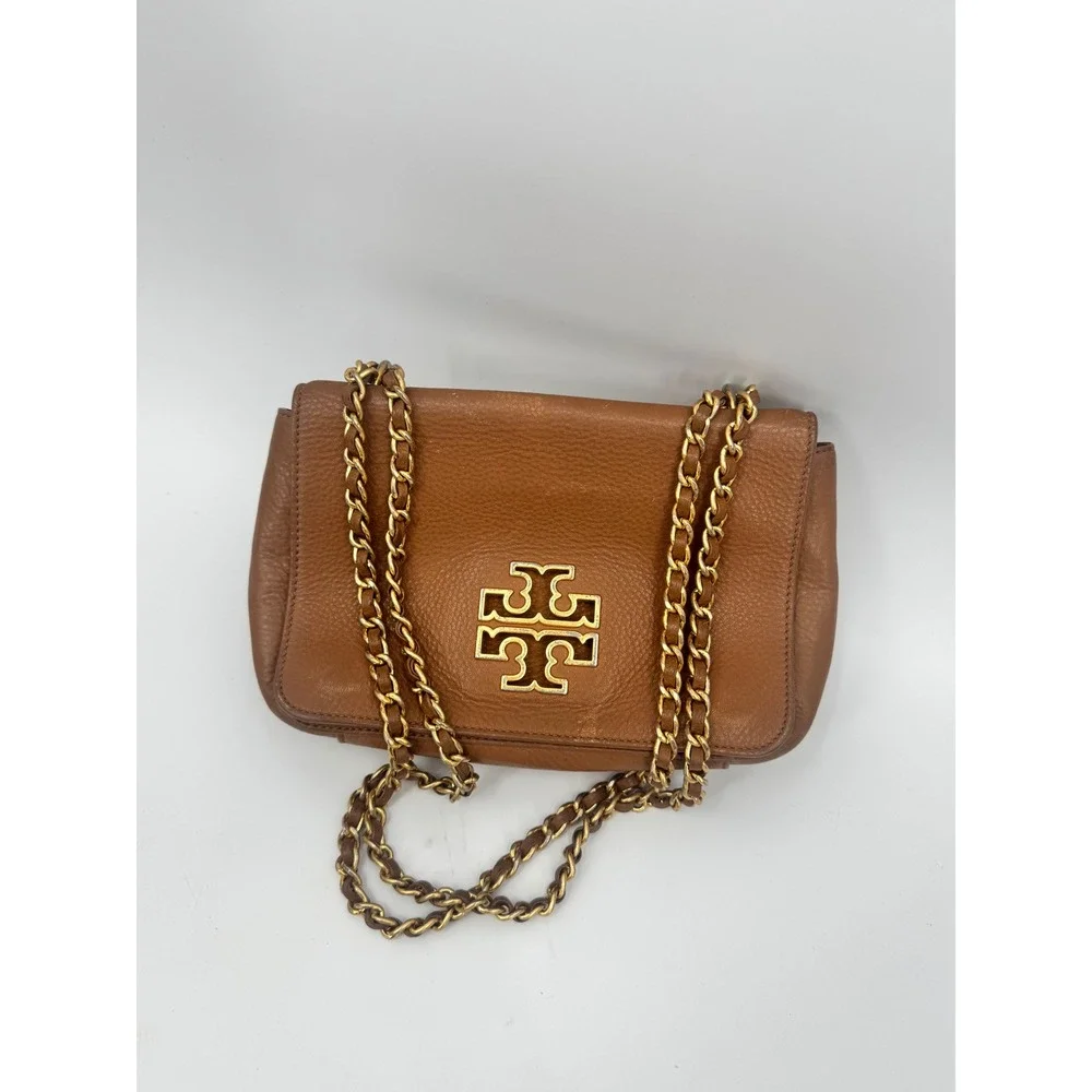 Tory Burch Shoulder Bag Womens Small Brown Leather Chain Strap Flap Logo